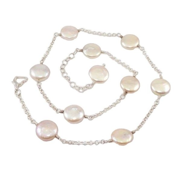 Sterling Silver Round Disc Pearl Station Link Necklace 19.5 - Picture 1 of 5